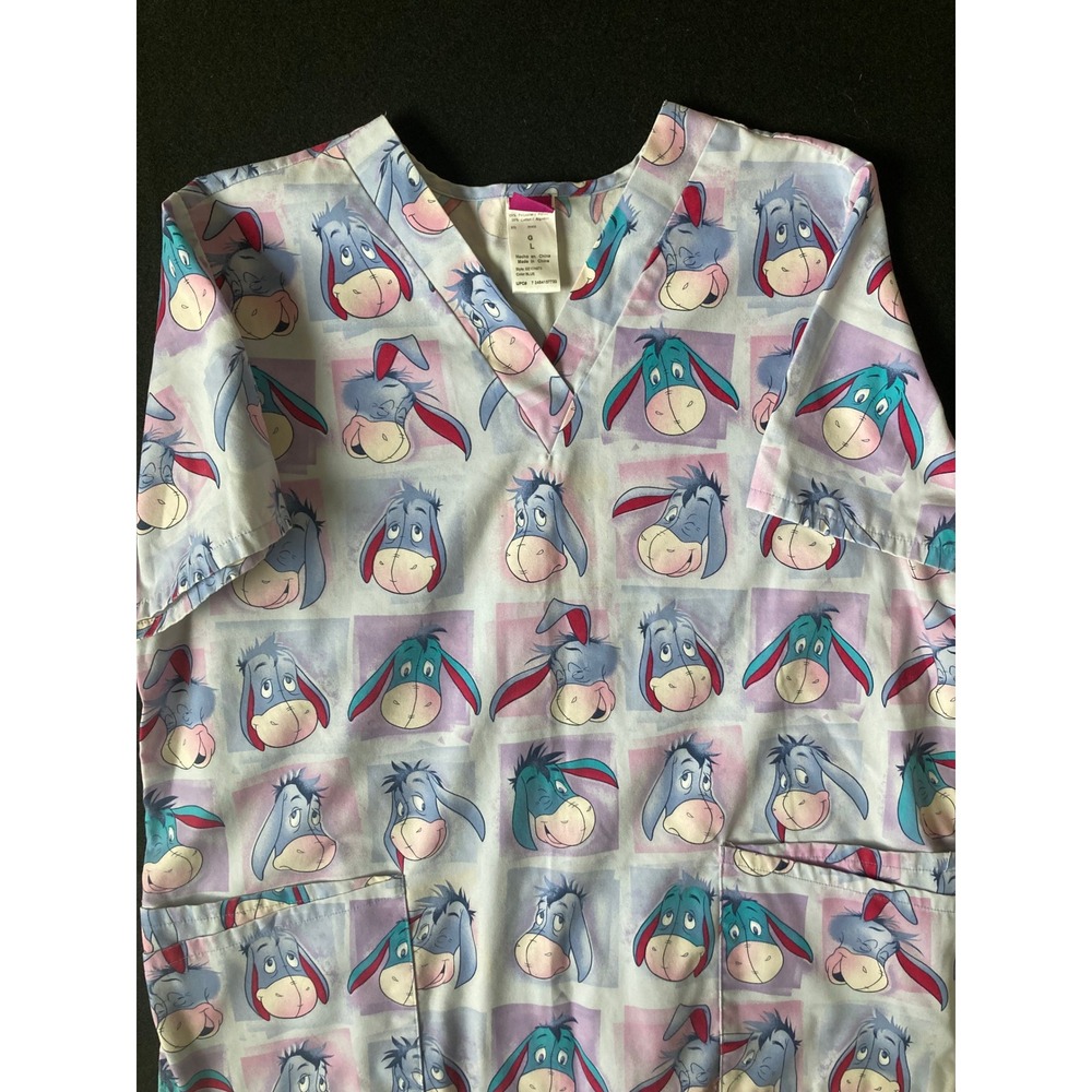 Disney Eeyore Winnie the Pooh Scrub Top Blue V-Neck Short Sleeve Large EE17A970‎